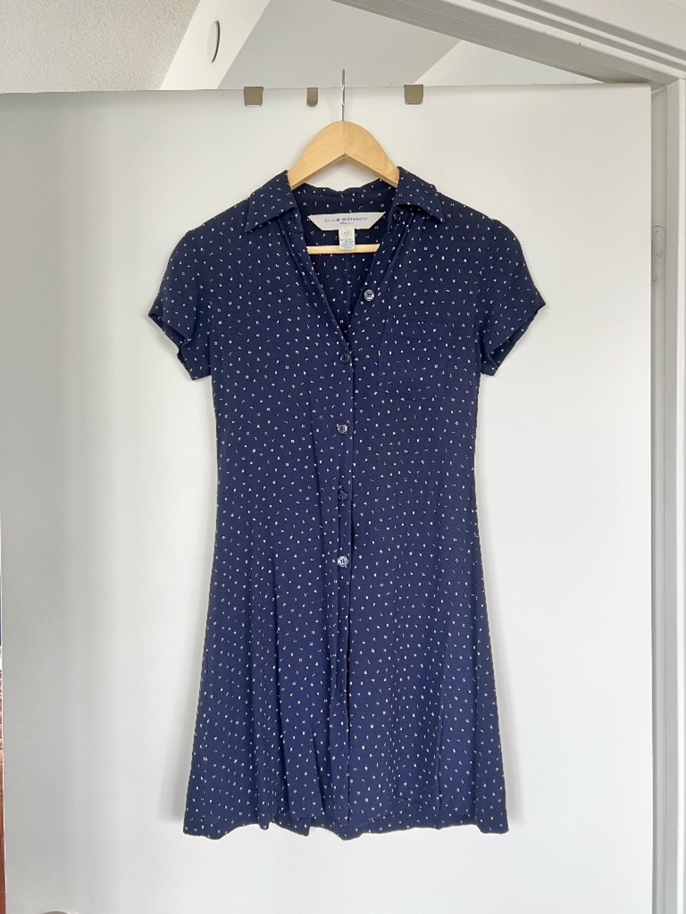 Club Monaco Navy Blue Mini Dress with White Dot Print